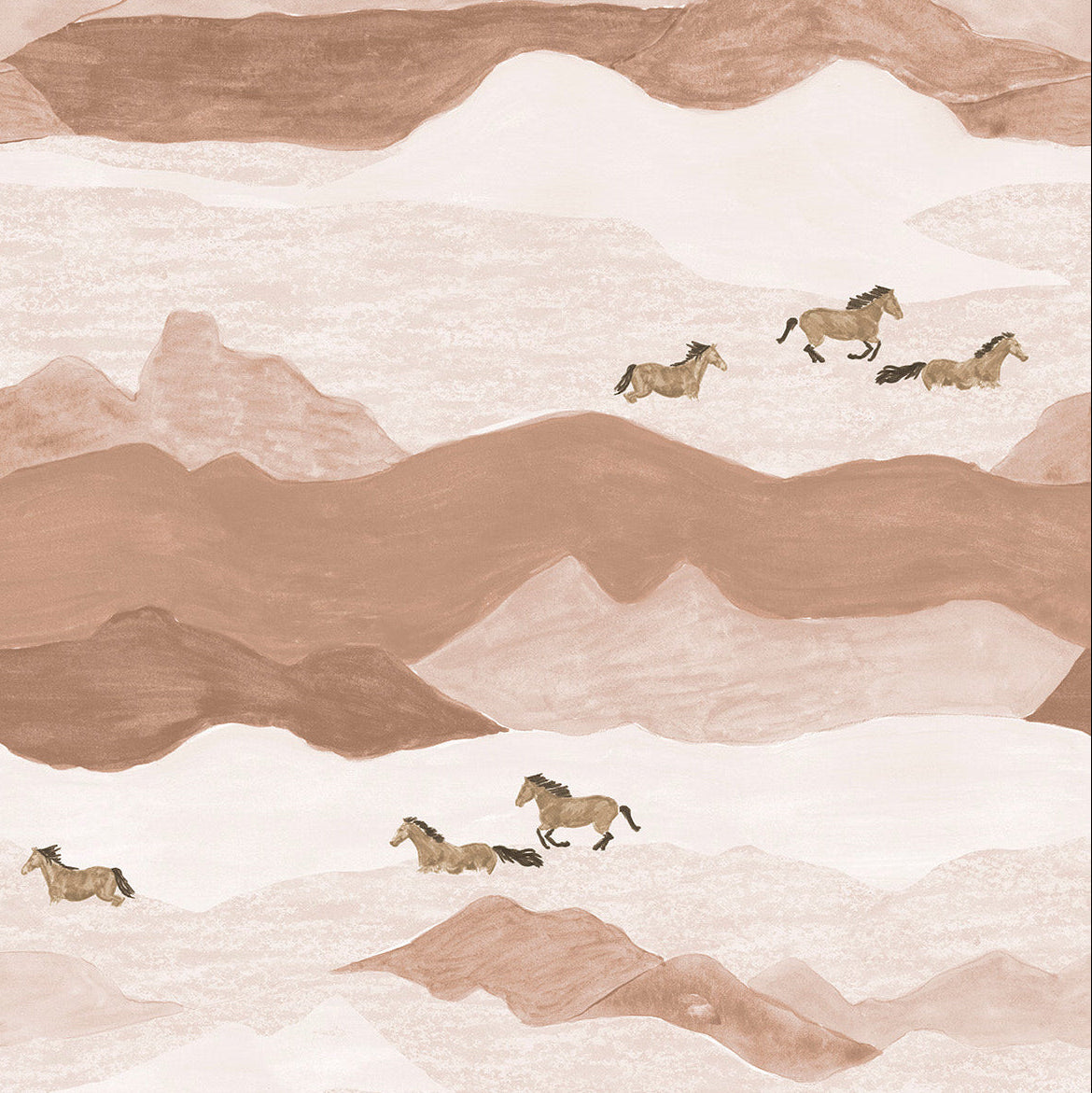 Horses running through a mountainous landscape with wavy lines.