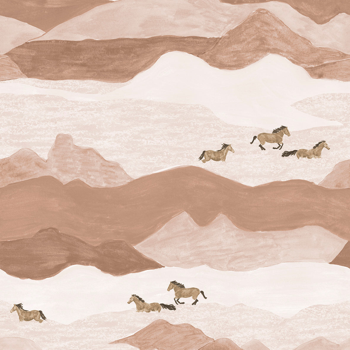 Horses running through a mountainous landscape with wavy lines.