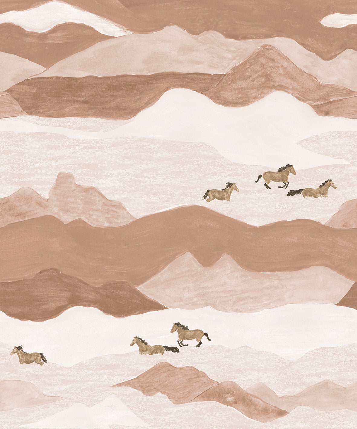 Horses running through a mountainous landscape with wavy lines.