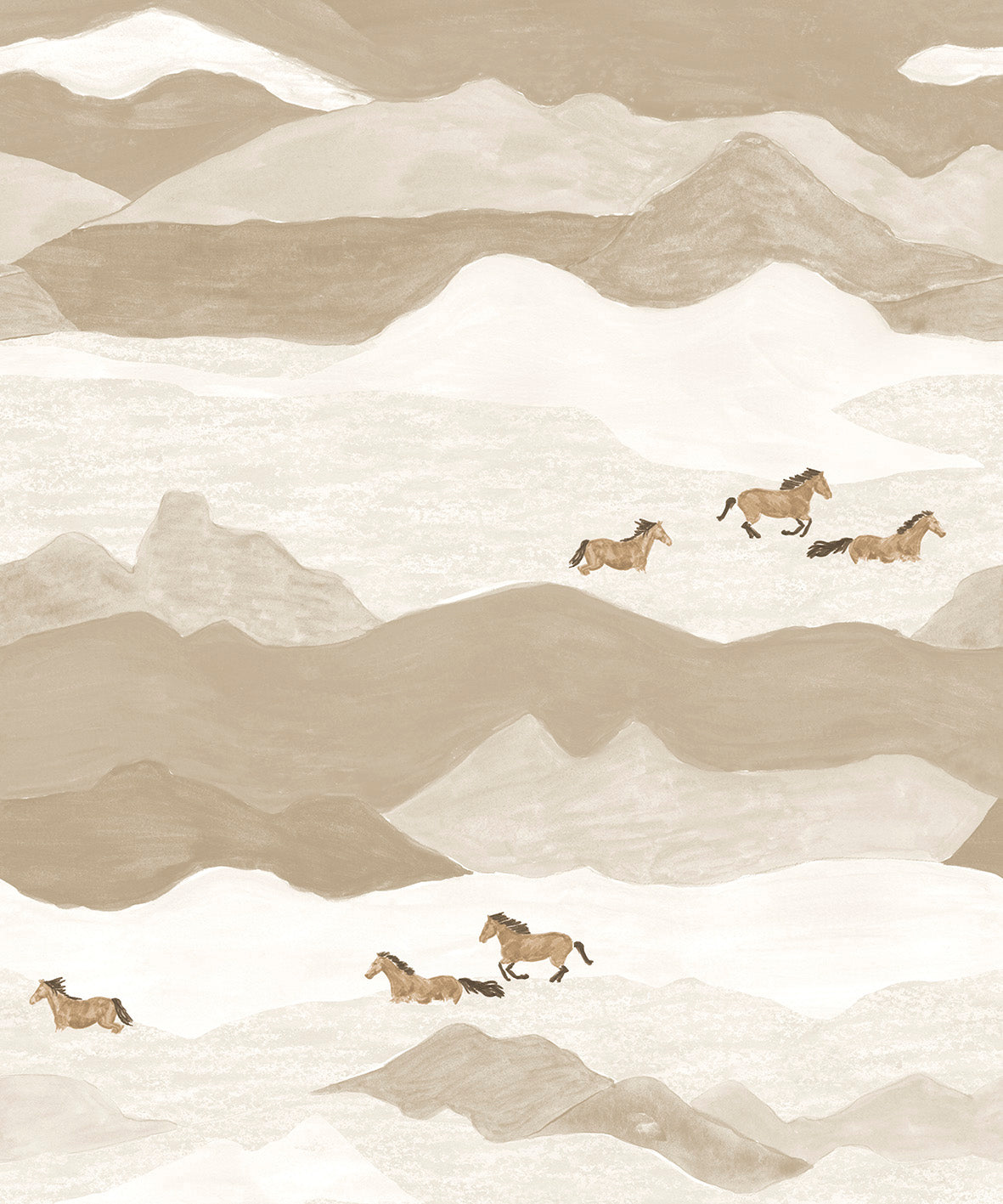 Illustration of horses running in a snowy landscape with wavy mountains.