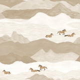 Illustration of horses running in a snowy landscape with wavy mountains.