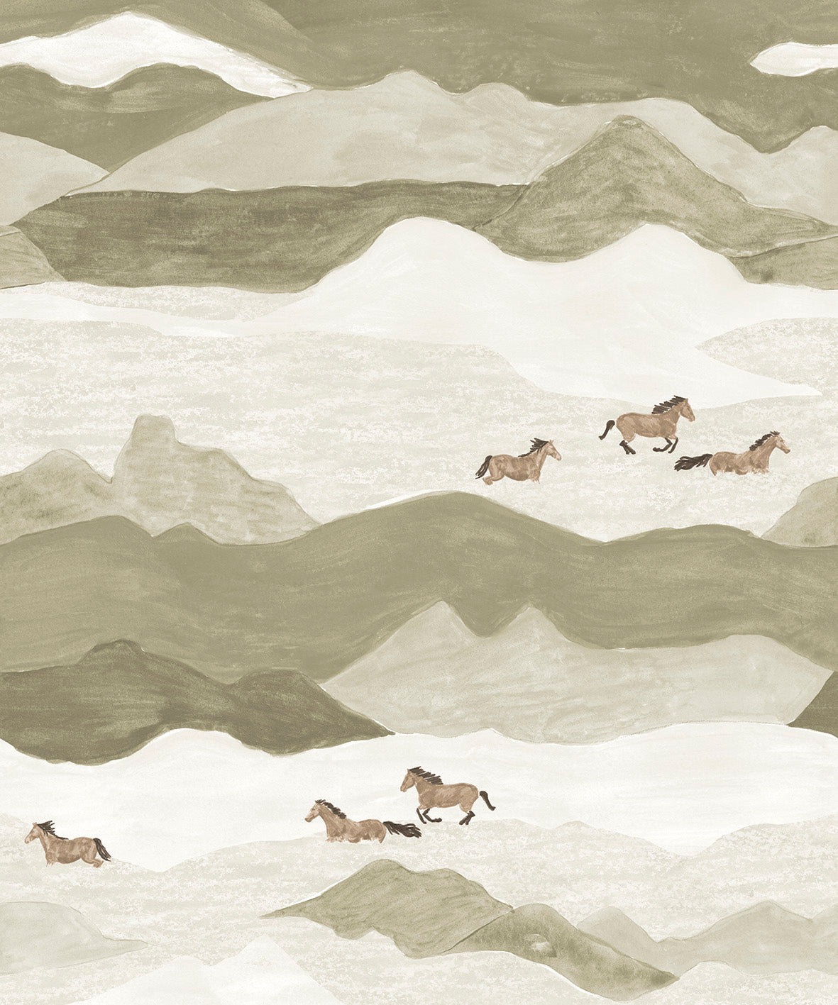 Illustration of horses running through a mountainous landscape with wavy lines.
