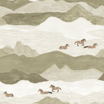 Illustration of horses running through a mountainous landscape with wavy lines.