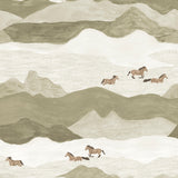 Illustration of horses running through a mountainous landscape with wavy lines.