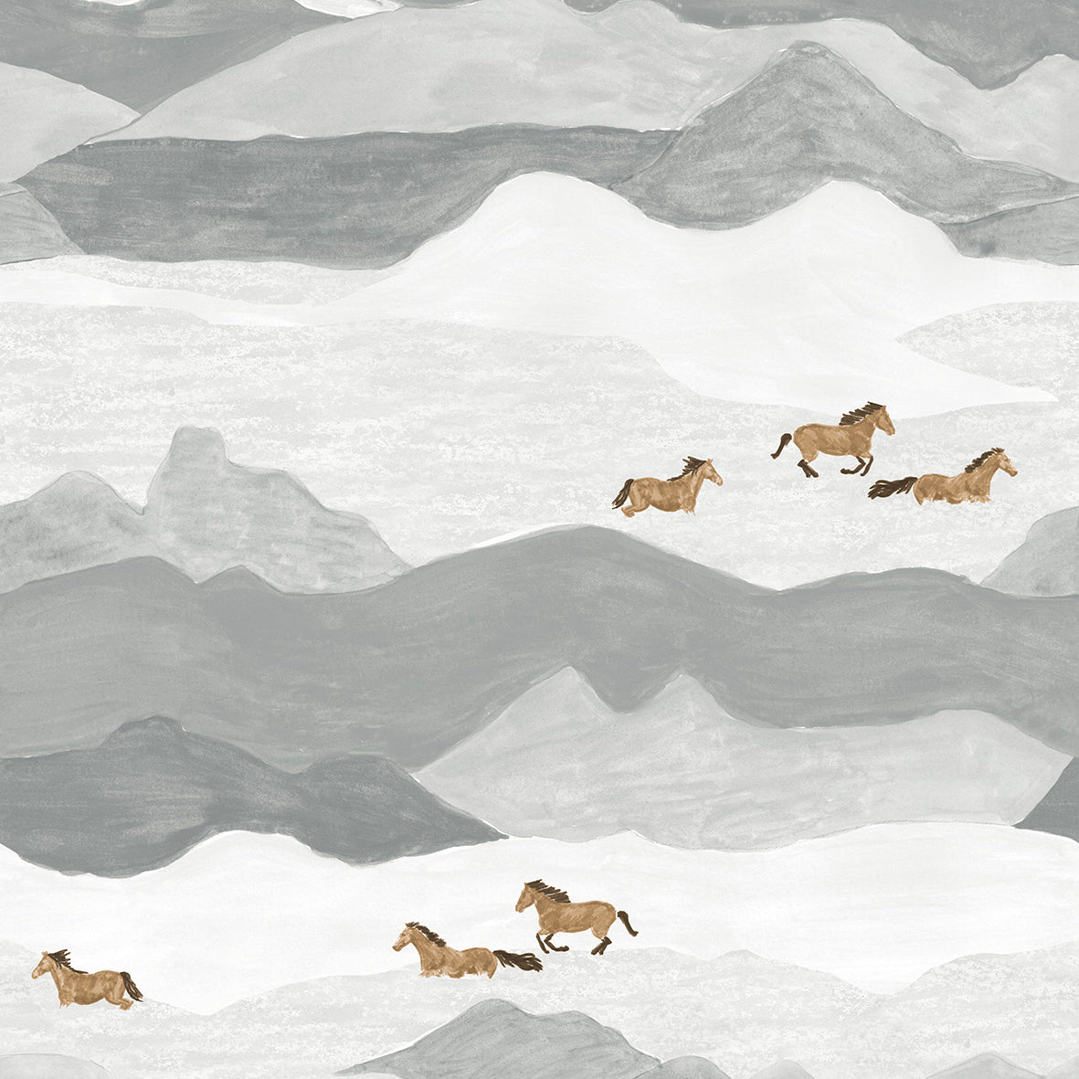 Horses in a grey painterly mountain landscape