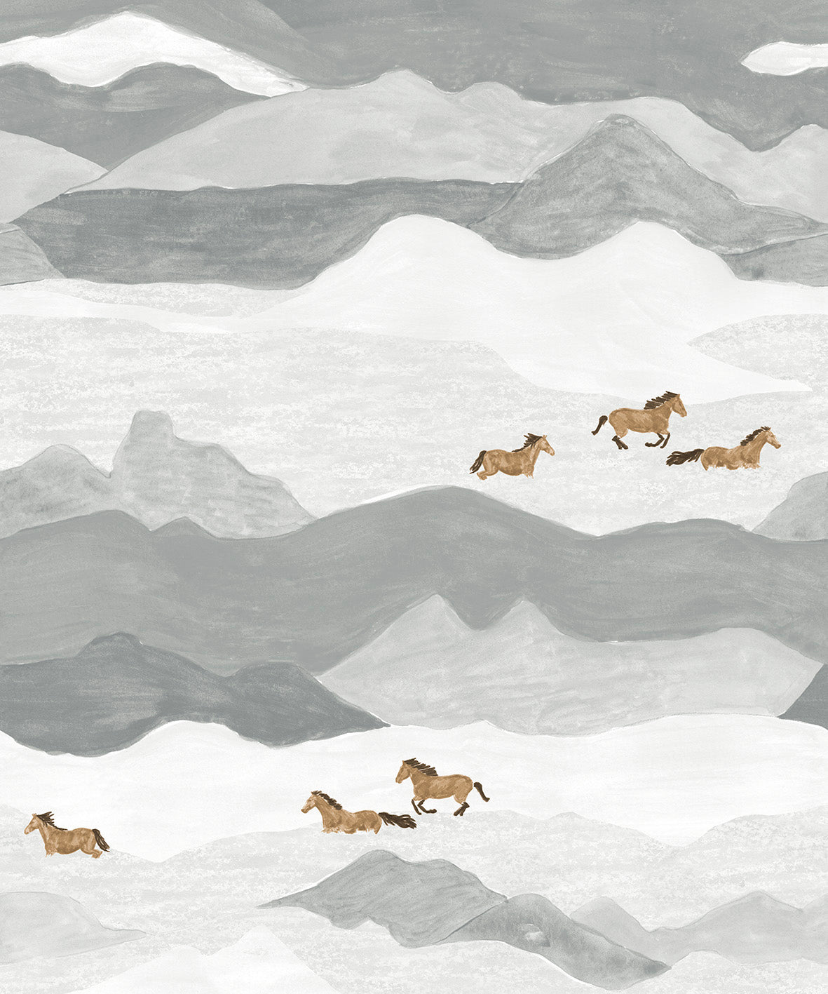 Horses in a grey painterly mountain landscape