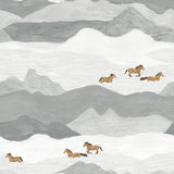 Horses in a grey painterly mountain landscape