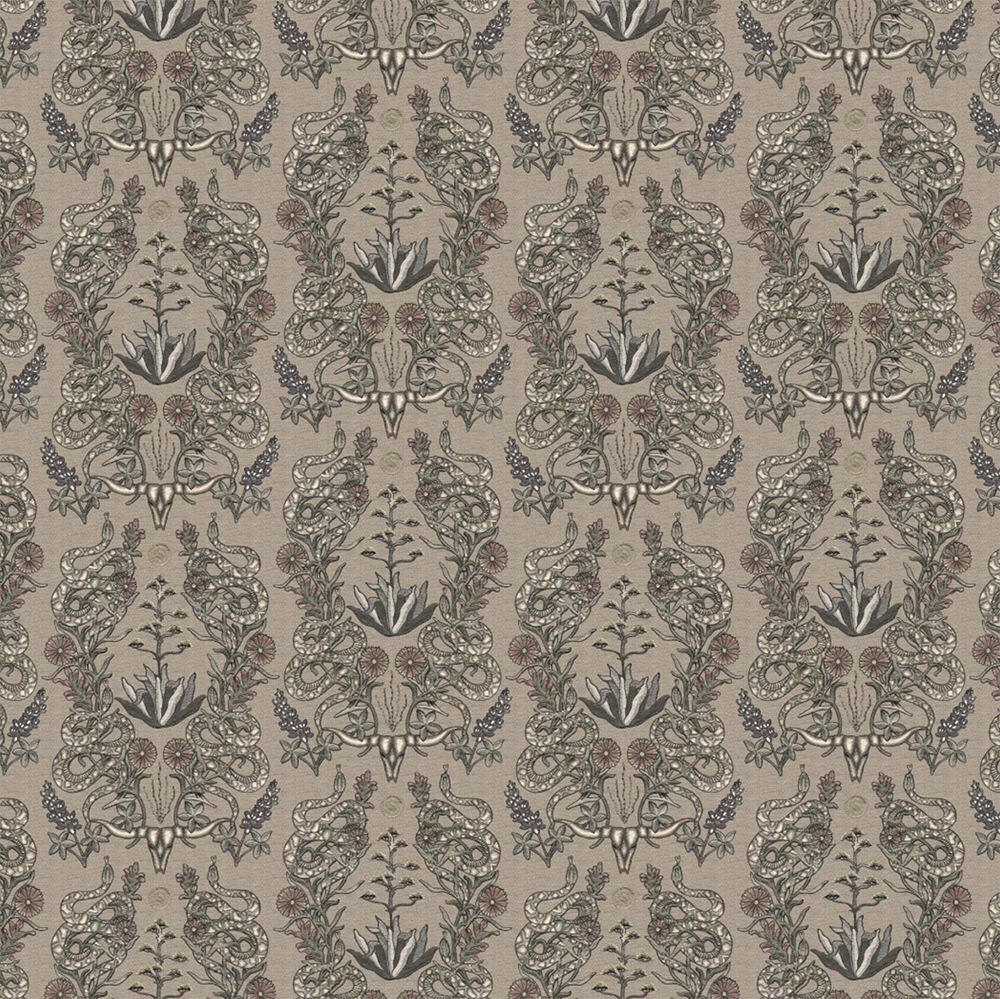 Scaled-out view of wallpaper in a statement desert print with snakes, cow skulls and flowering plants. Field is greige.