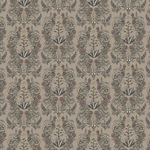 Scaled-out view of wallpaper in a statement desert print with snakes, cow skulls and flowering plants. Field is greige.