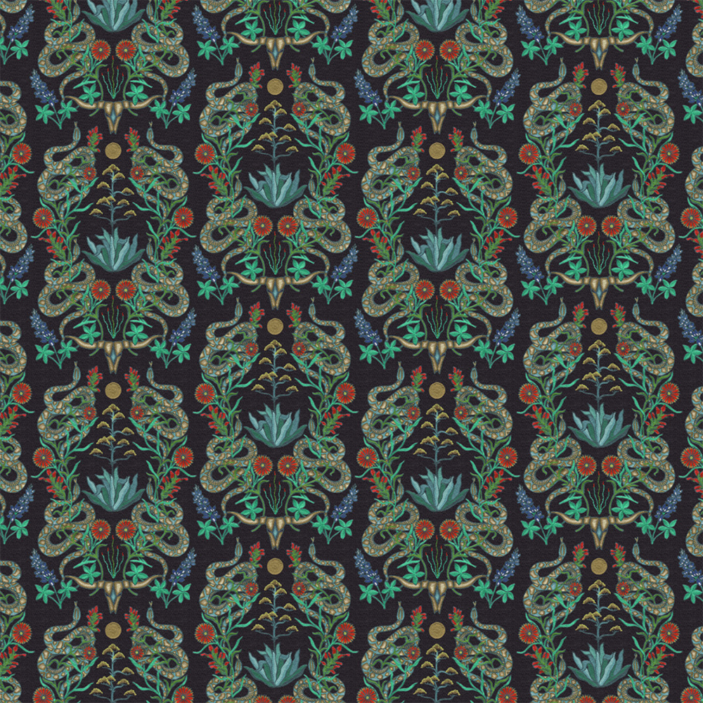 Scaled-out view of wallpaper in a statement desert print with snakes, cow skulls and flowering plants. Field is black.