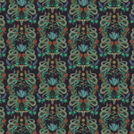 Scaled-out view of fabric in a statement desert print with snakes, cow skulls and flowering plants. Field is black.