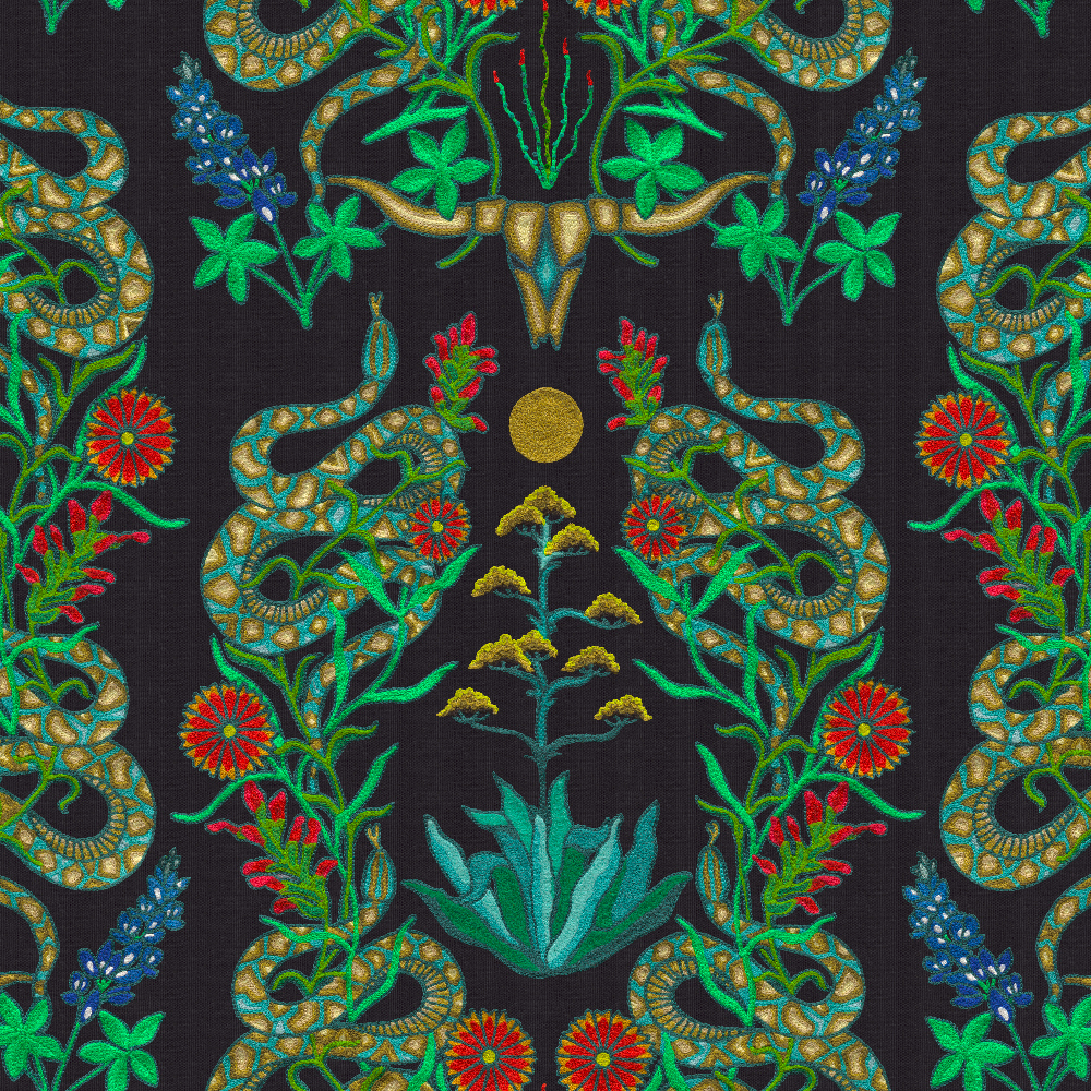 Detail of wallpaper in a statement desert print with snakes, cow skulls and flowering plants. Field is black.