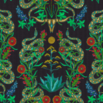 Detail of wallpaper in a statement desert print with snakes, cow skulls and flowering plants. Field is black.