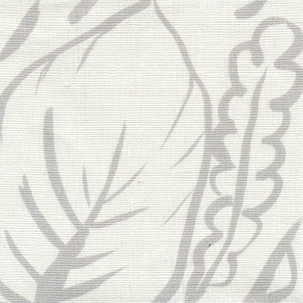 Fabric in a painterly botanical print in light gray on a cream field.