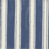 Fabric in a repeating striped pattern in navy on a cream field.
