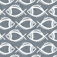A wallpaper swatch with a repeating white hand-drawn fish pattern on a dark gray background.