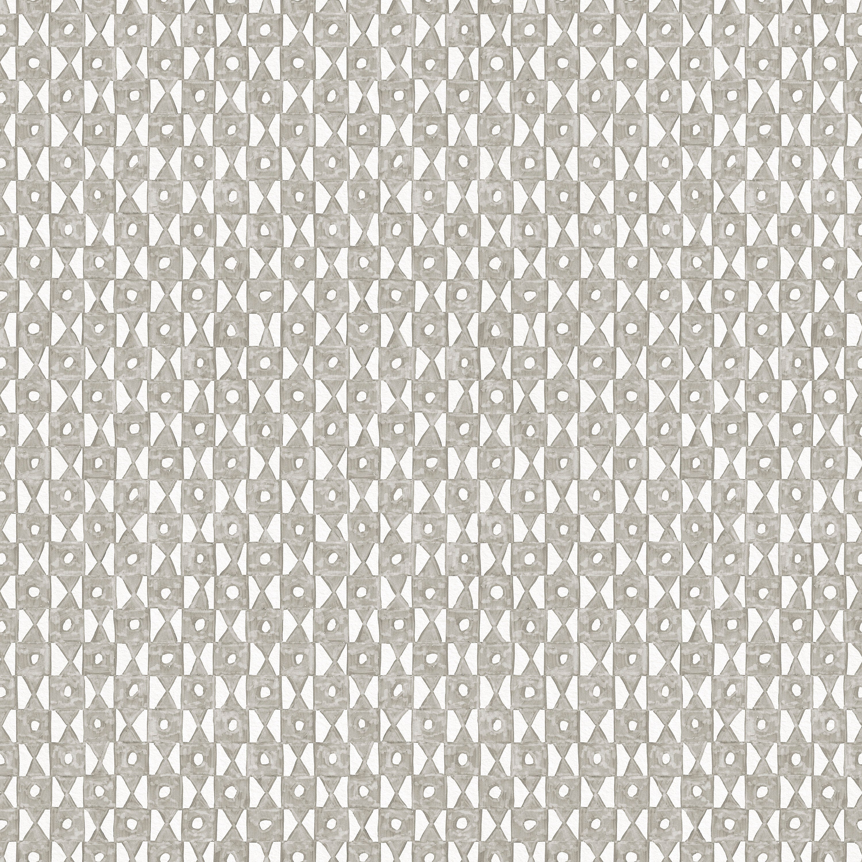 Detail of wallpaper in a geometric grid print in gray on a white field.