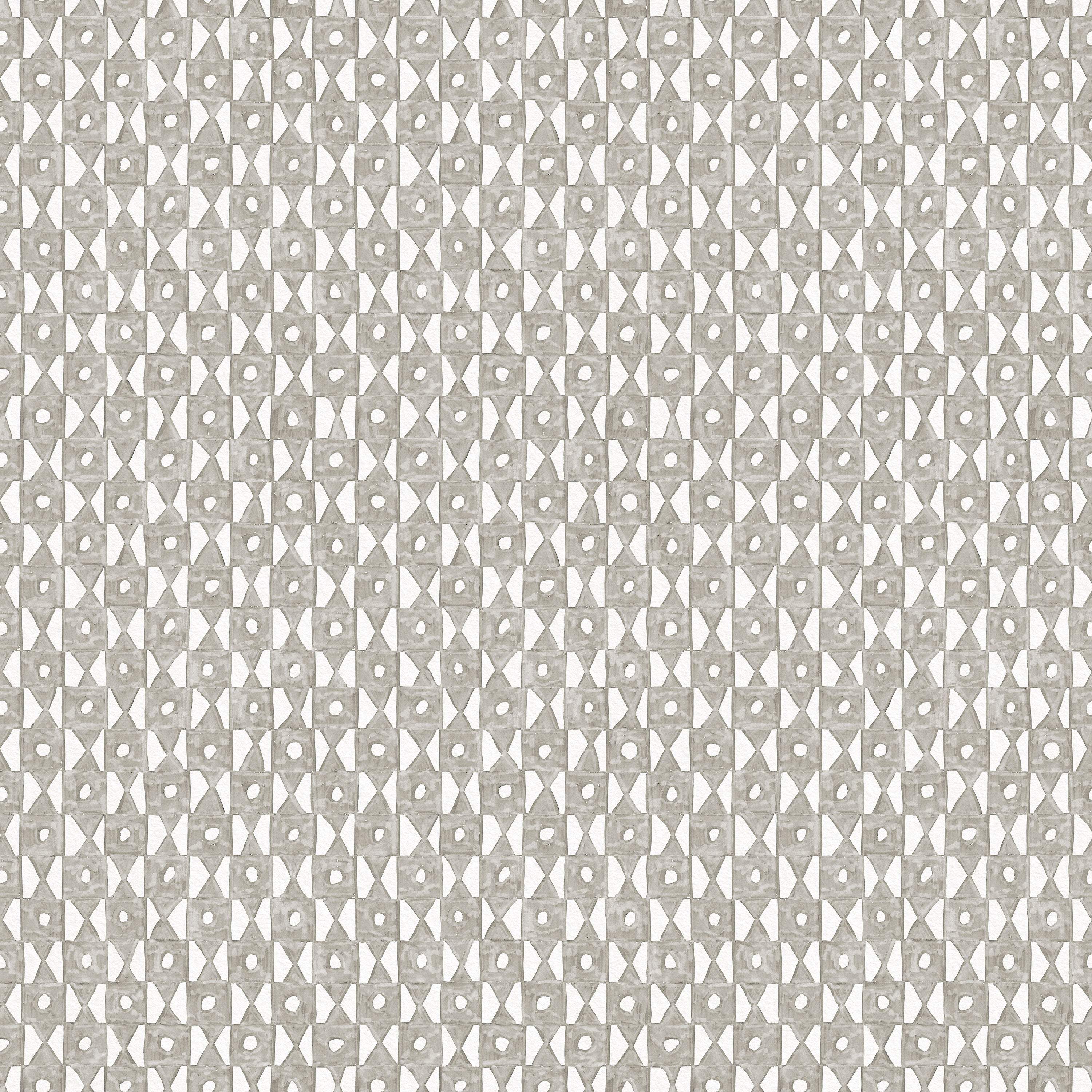 Detail of fabric in a geometric grid print in gray on a white field.