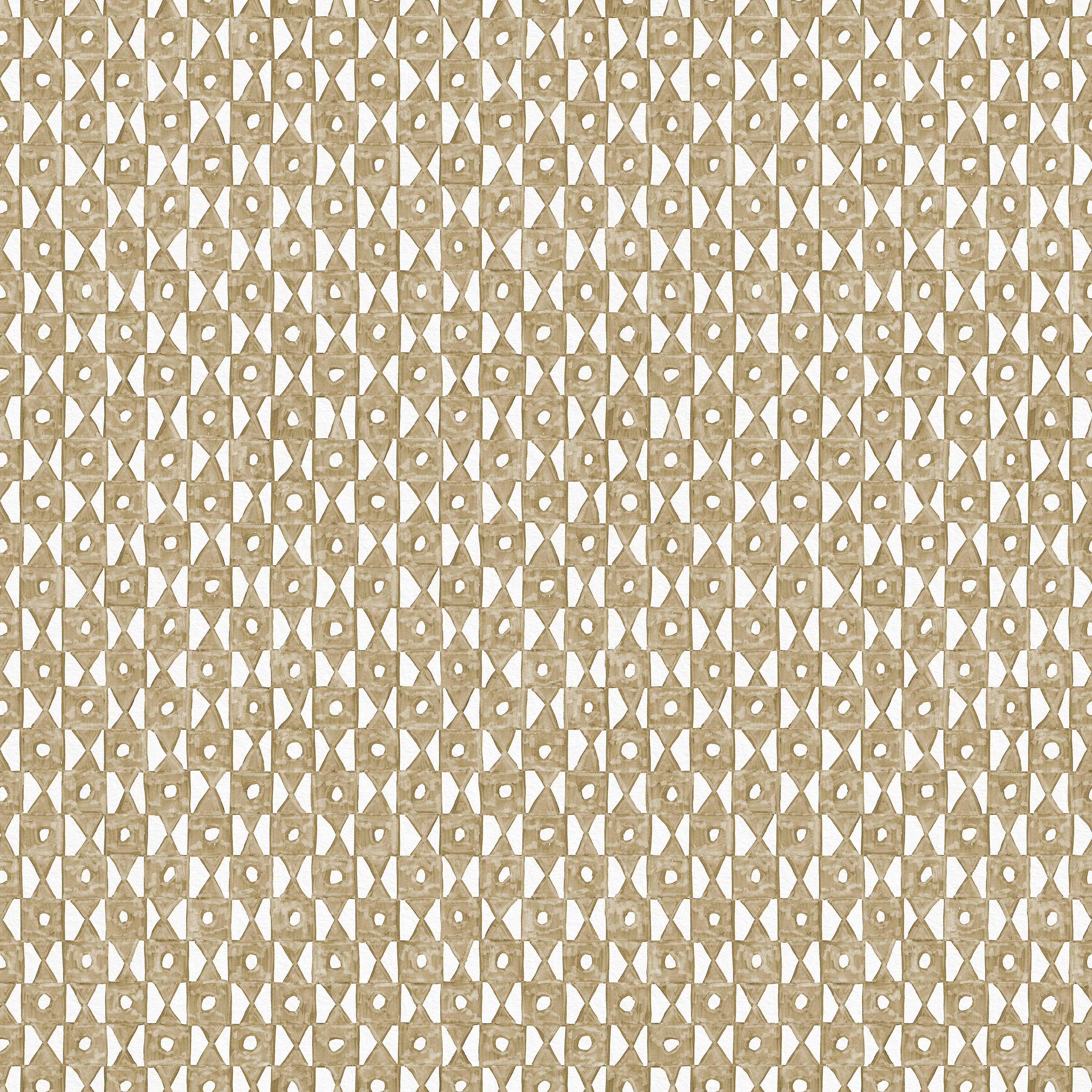 Detail of fabric in a geometric grid print in brown on a white field.