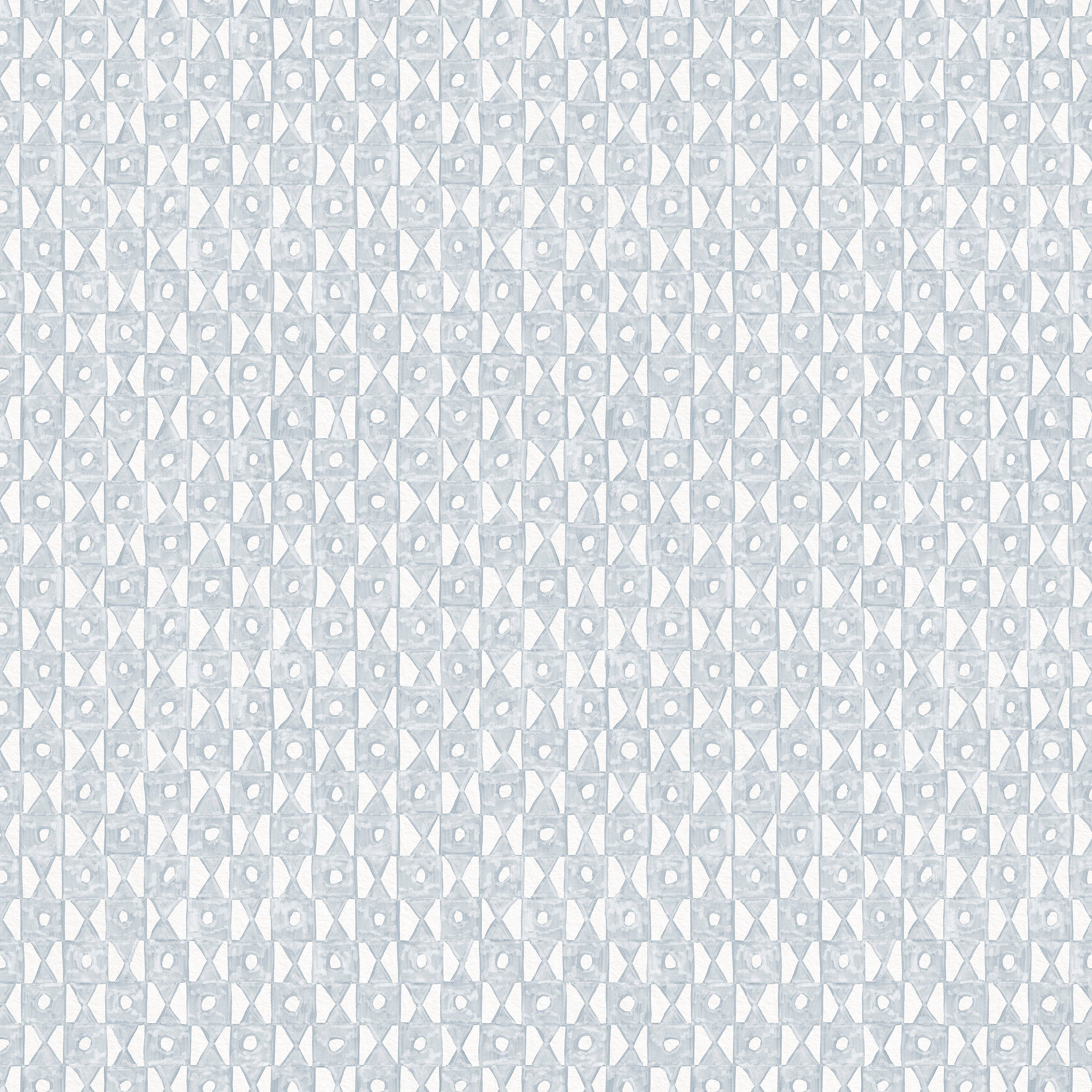 Detail of wallpaper in a geometric grid print in light blue on a white field.