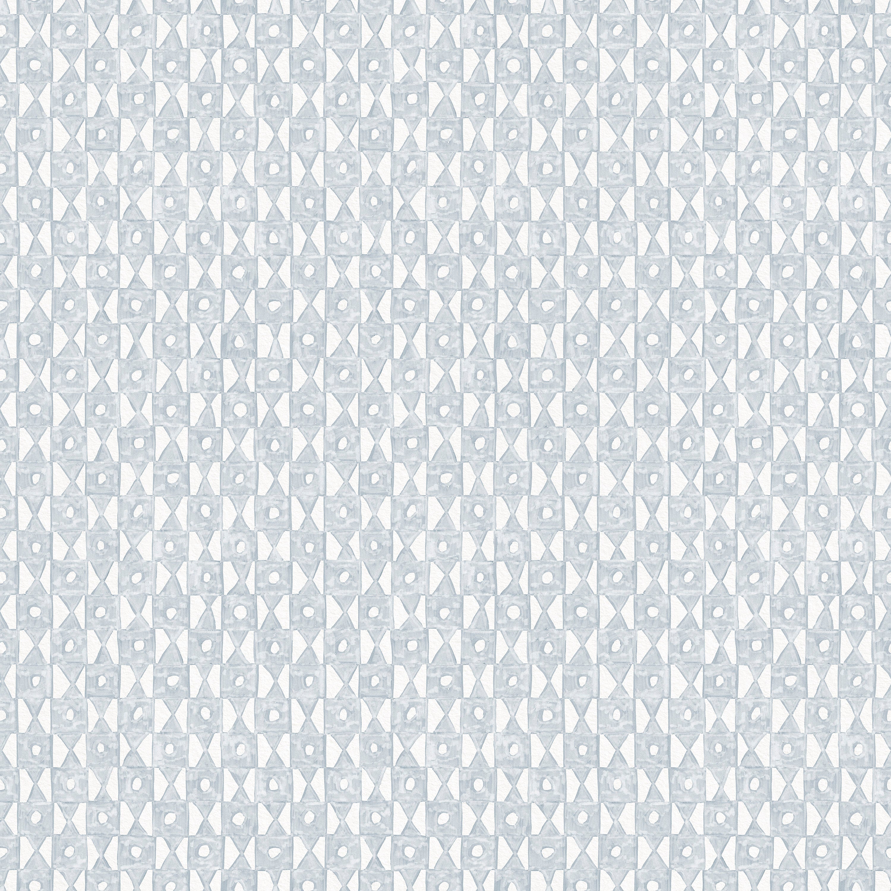 Detail of fabric in a geometric grid print in light blue on a white field.