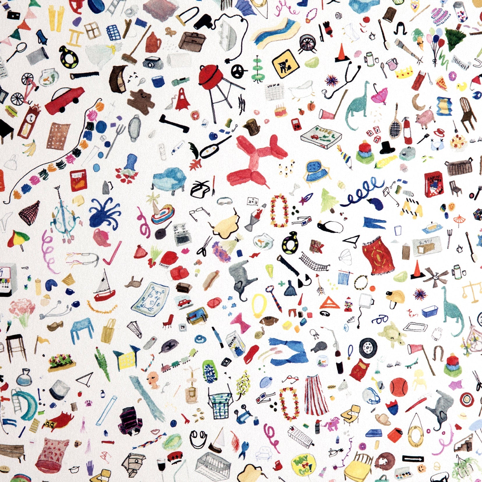 Detail of wallpaper in a playful illustrated "stuff" print in multicolor pastels on a white field.