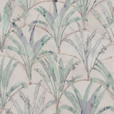 Detail of wallpaper in a painterly palm tree pattern in shades of green and purple on a tan field.