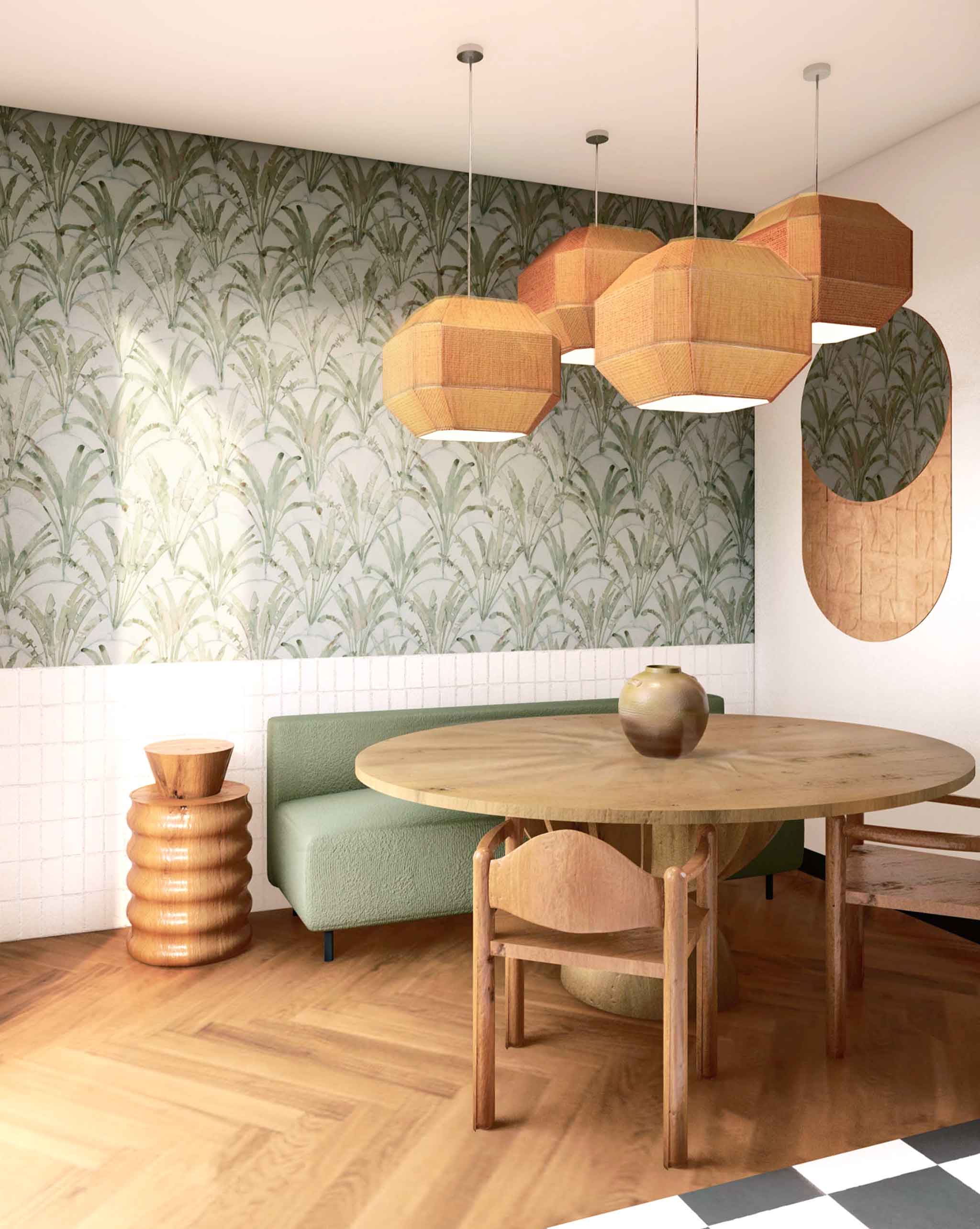 A modernist dining room with a statement wall papered in a painterly palm tree pattern in green, brown and blue-gray.