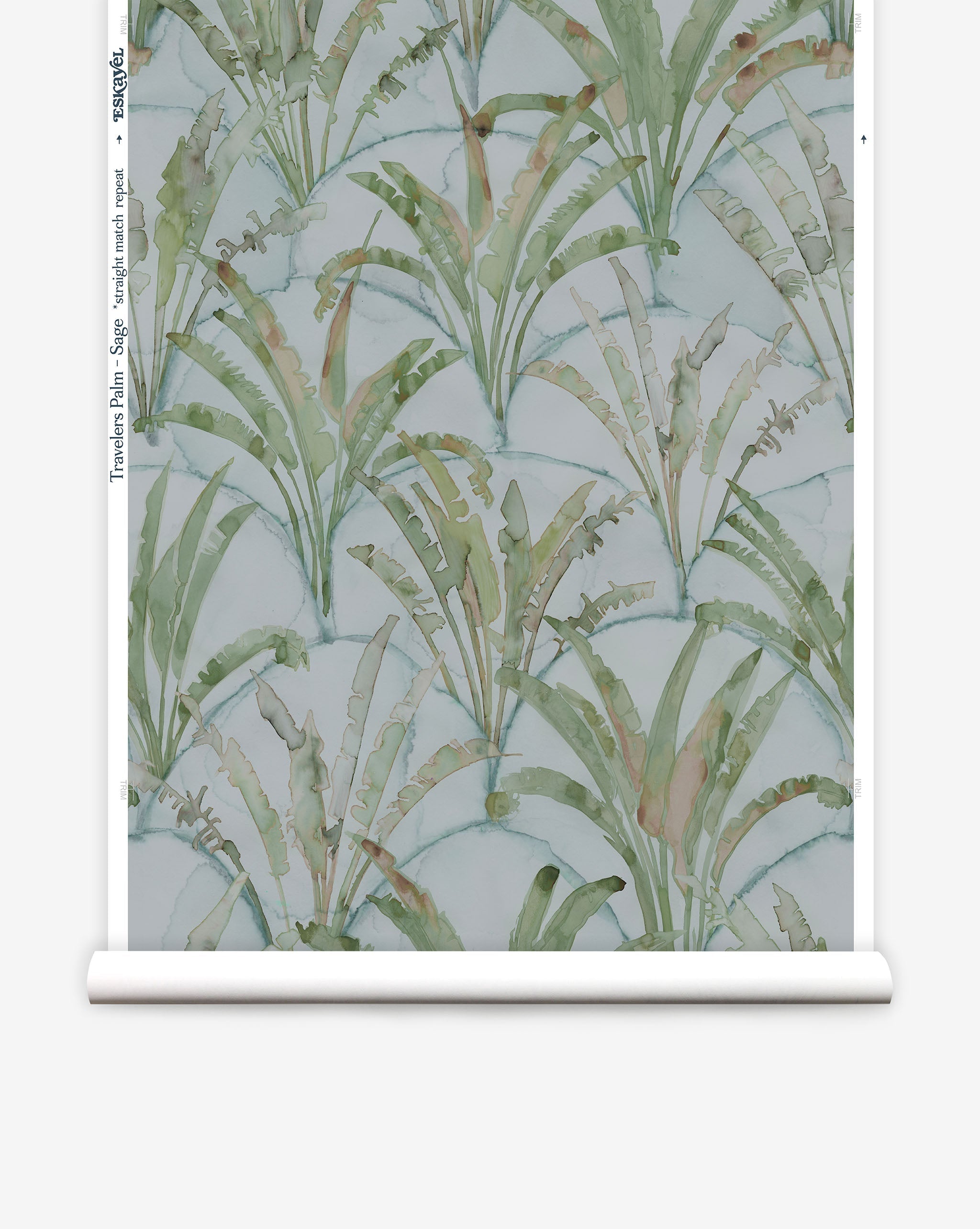 Partially unrolled wallpaper yardage in a painterly palm tree pattern in shades of green and brown on a blue-gray field.