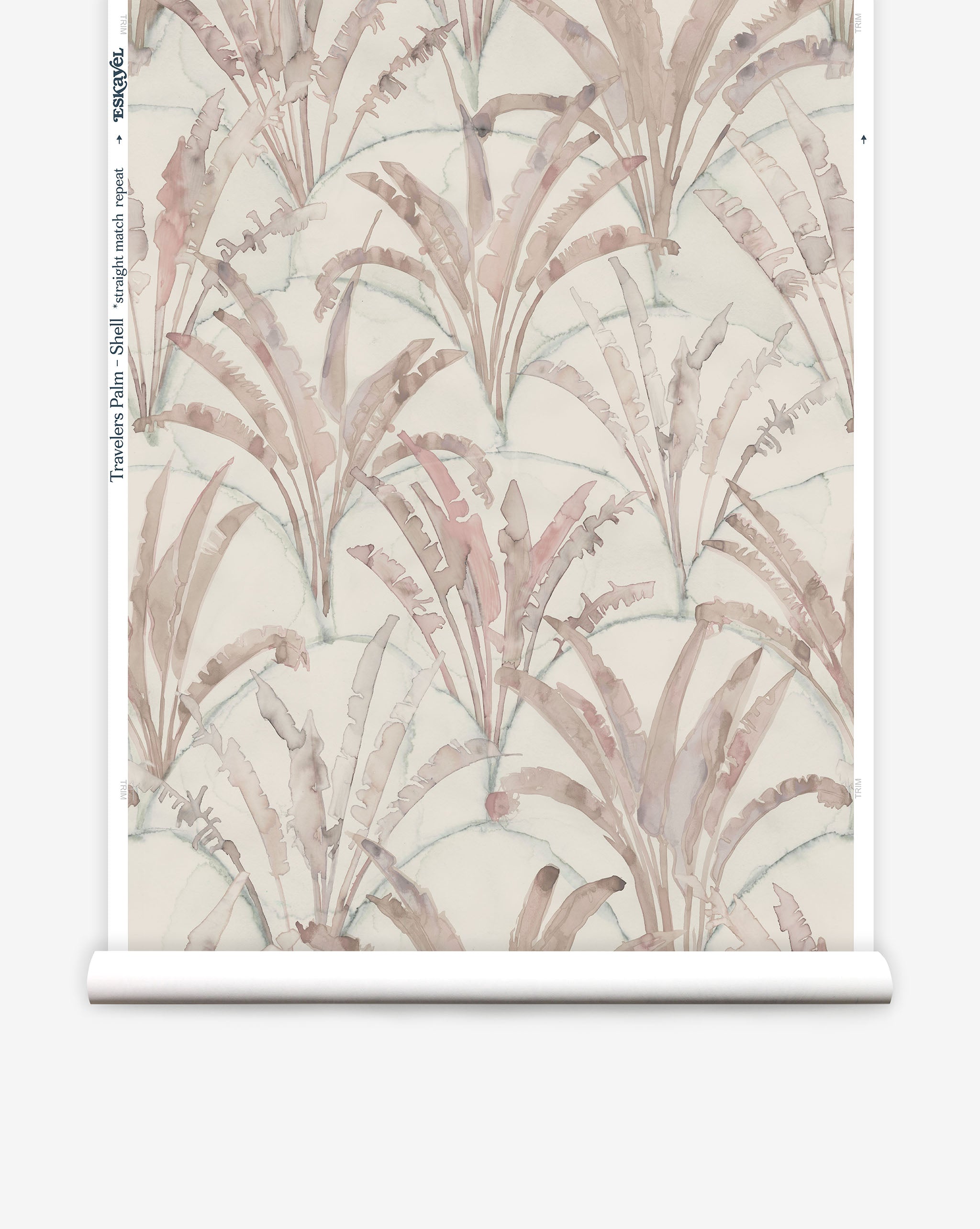 Partially unrolled wallpaper yardage in a painterly palm tree pattern in shades of pink and blue on a cream field.