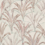 Detail of wallpaper in a painterly palm tree pattern in shades of pink and blue on a cream field.