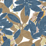 Detail of fabric in a playful botanical and parrot print in shades of blue, brown and yellow on a white field.