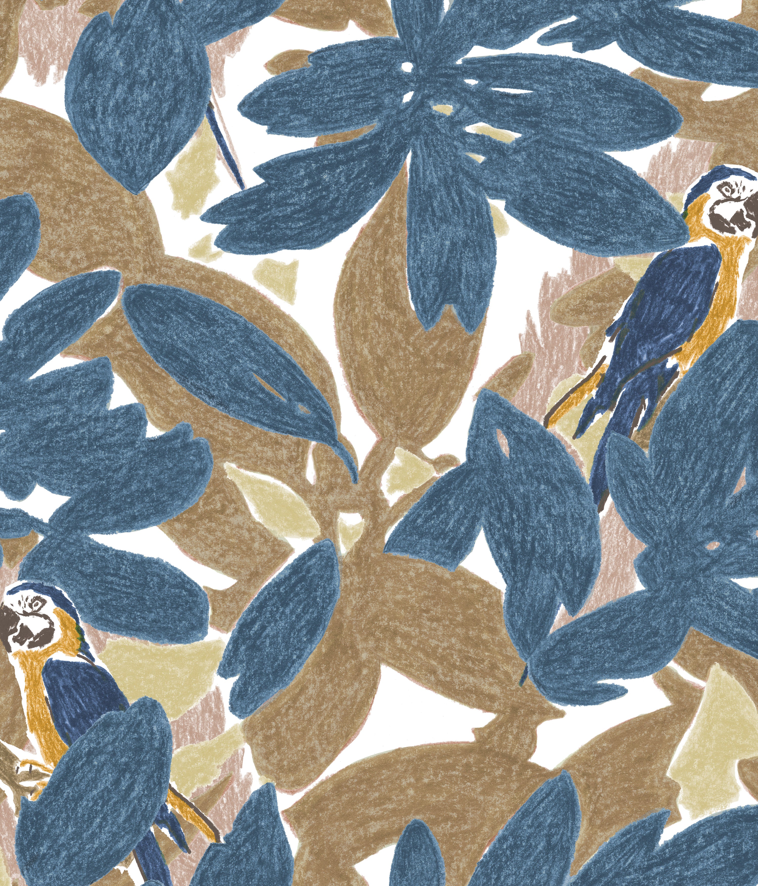 Detail of wallpaper in a playful botanical and parrot print in shades of blue, brown and yellow on a white field.