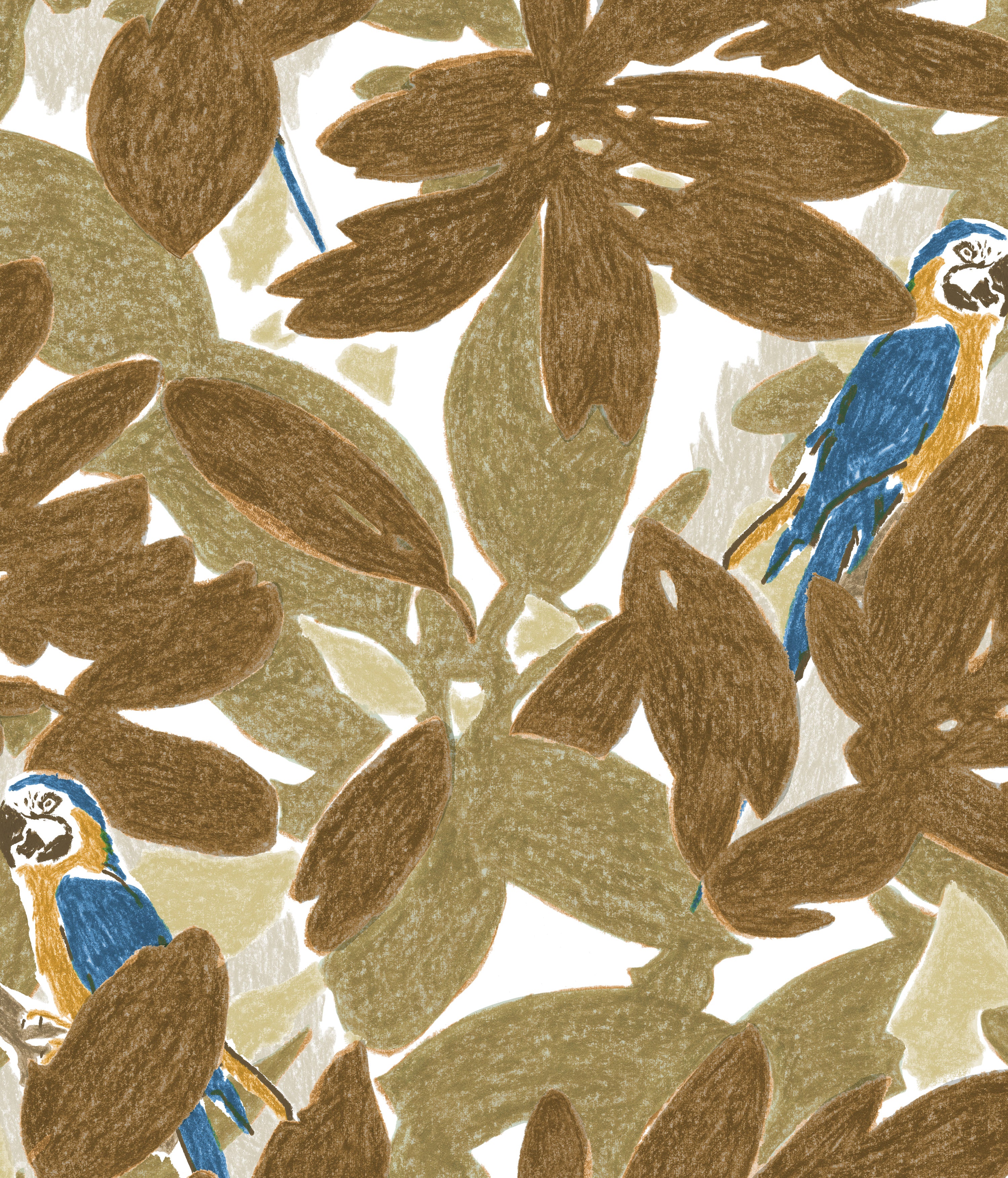 Detail of fabric in a playful botanical and parrot print in shades of bronze, brown, navy and yellow on a white field.