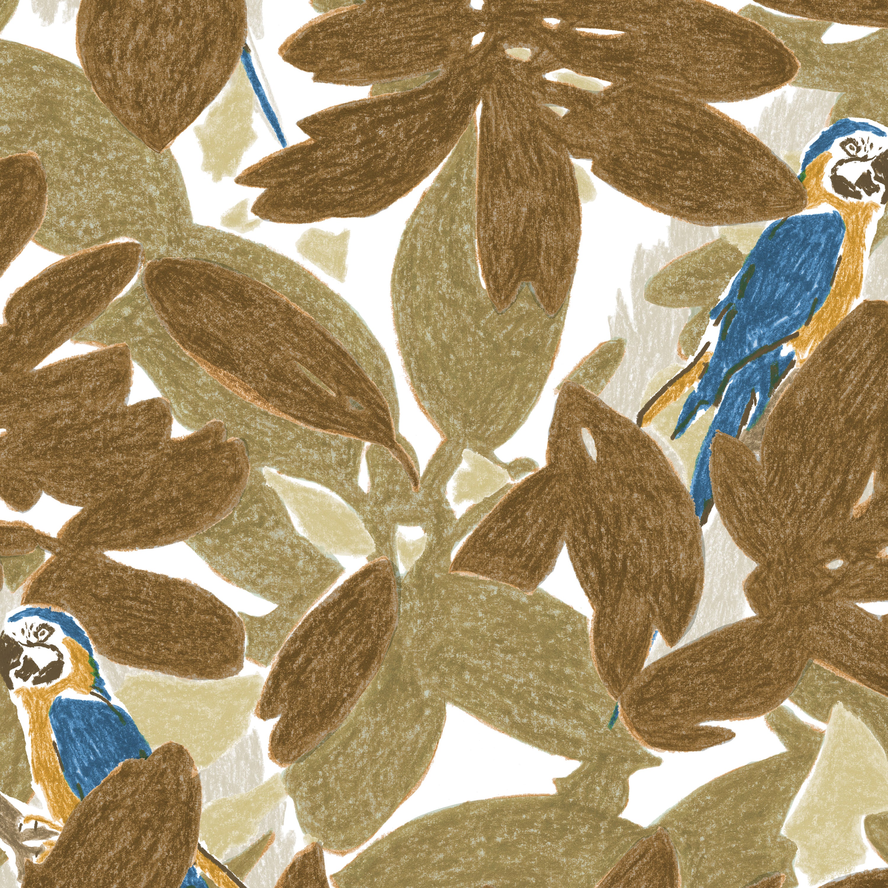 Detail of wallpaper in a playful botanical and parrot print in shades of bronze, brown, navy and yellow on a white field.