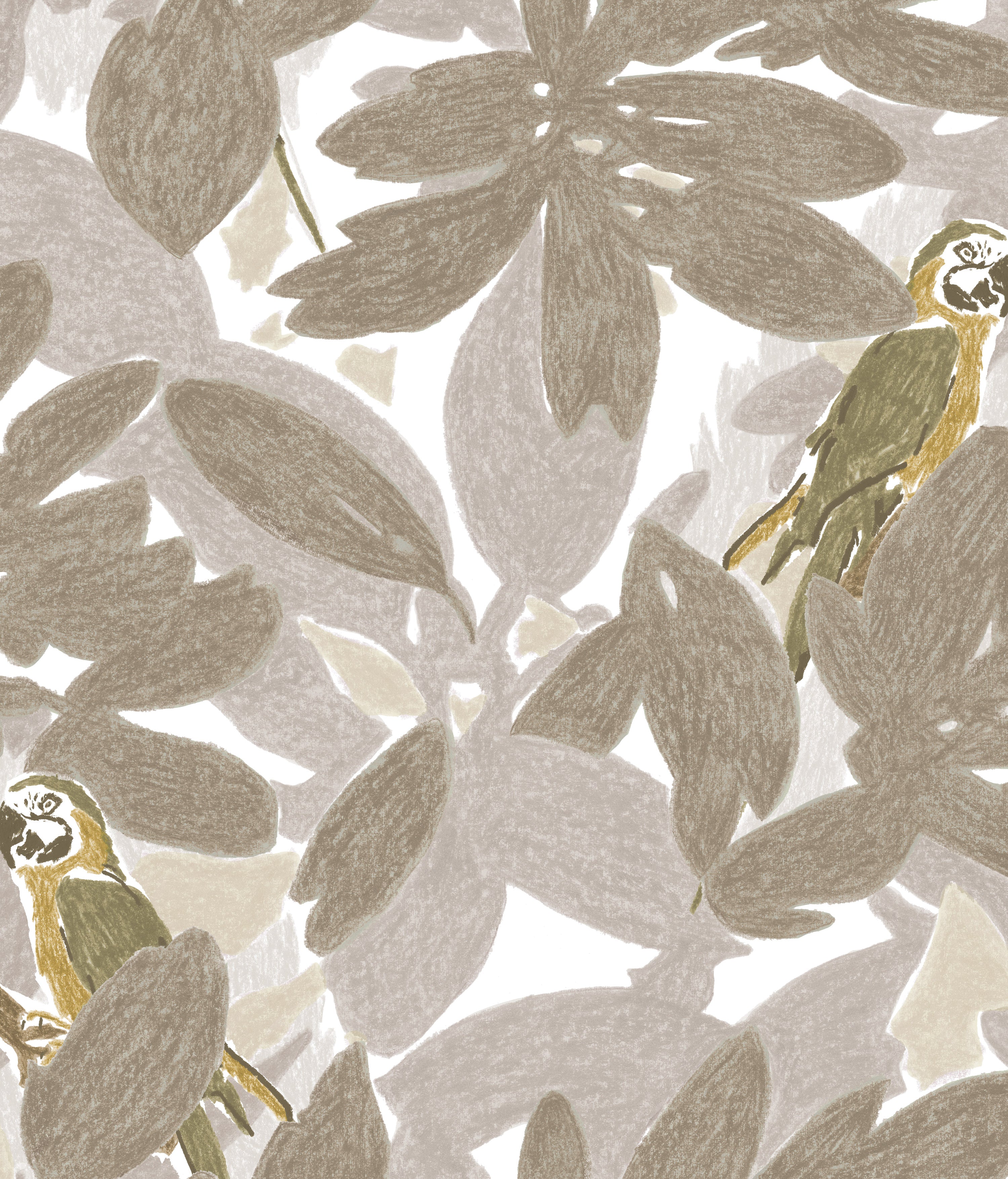 Detail of fabric in a playful botanical and parrot print in shades of gray, brown and yellow on a white field.