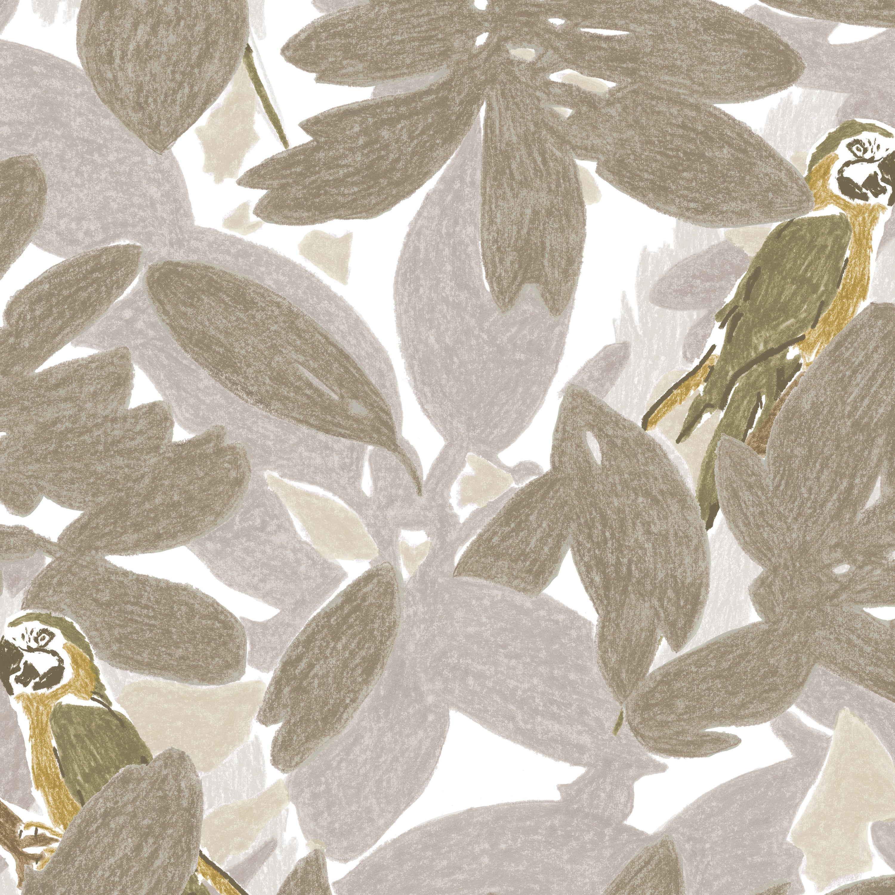 Detail of wallpaper in a playful botanical and parrot print in shades of gray, brown and yellow on a white field.