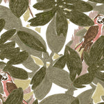 Detail of wallpaper in a playful botanical and parrot print in shades of green, brown and pink on a white field.