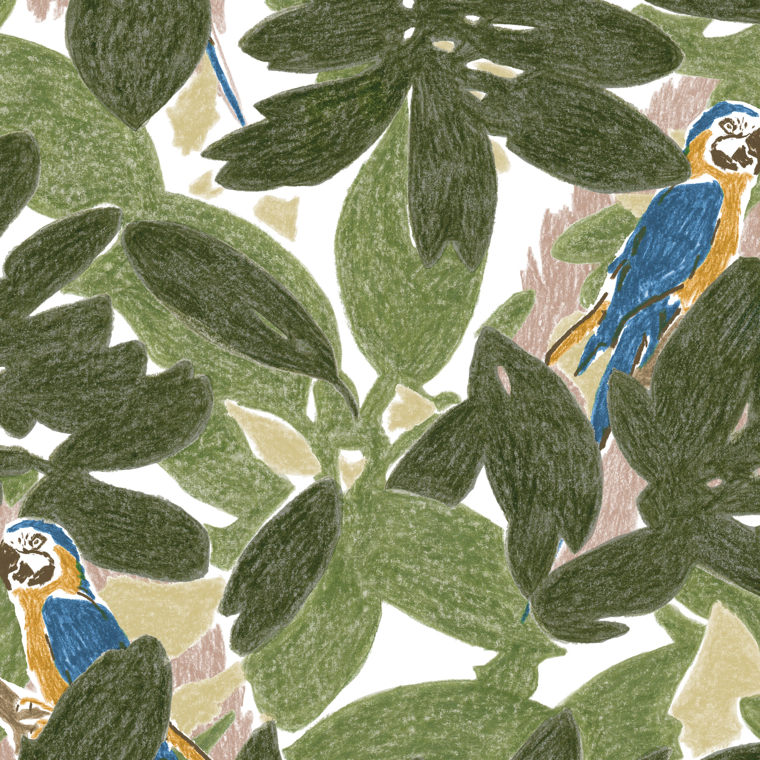 Detail of wallpaper in a playful botanical and parrot print in shades of green, blue and yellow on a white field.