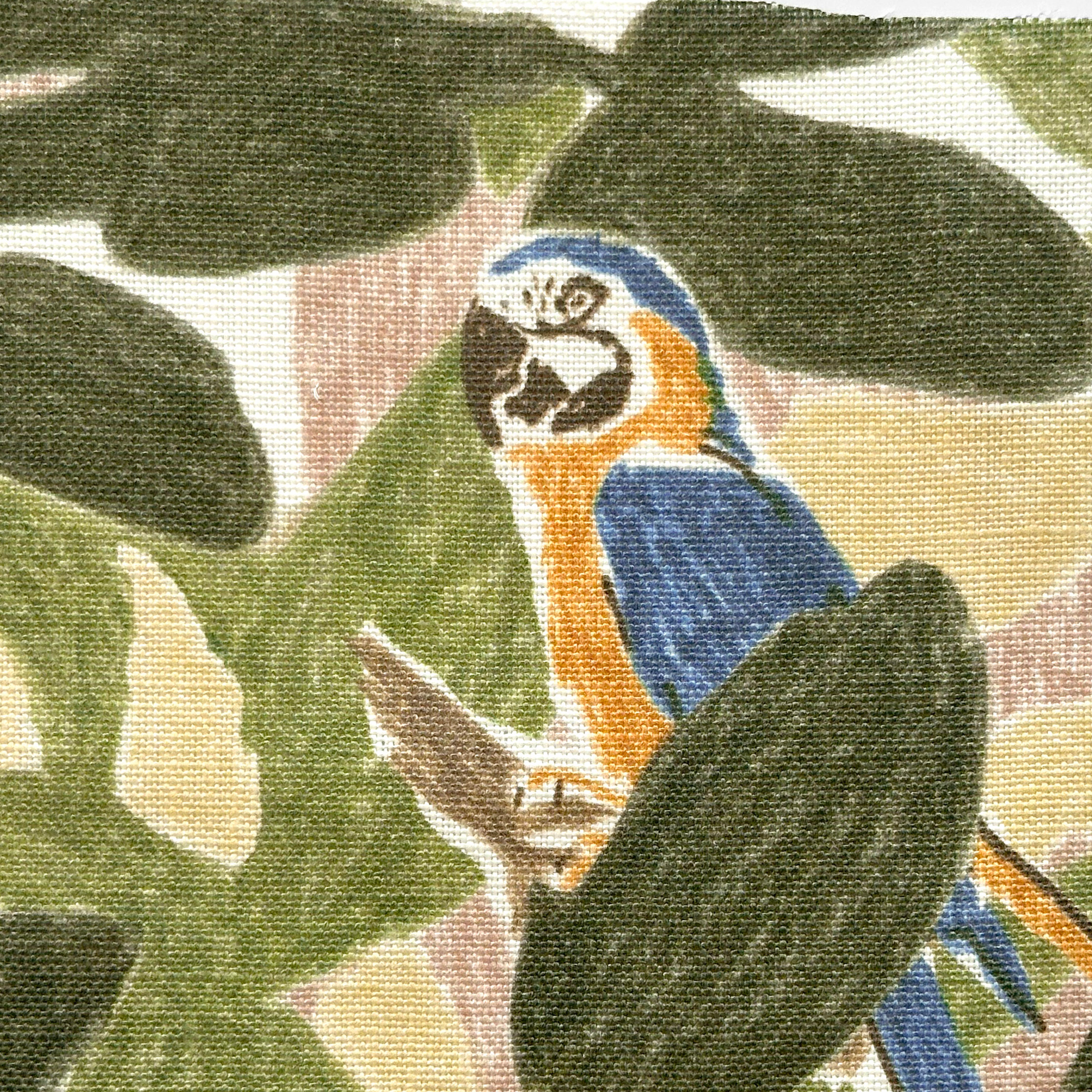 Close-up of fabric in a playful botanical and parrot print in shades of green, blue and yellow on a white field.