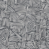 Detail of wallpaper in an abstract linear print in white on a charcoal field.