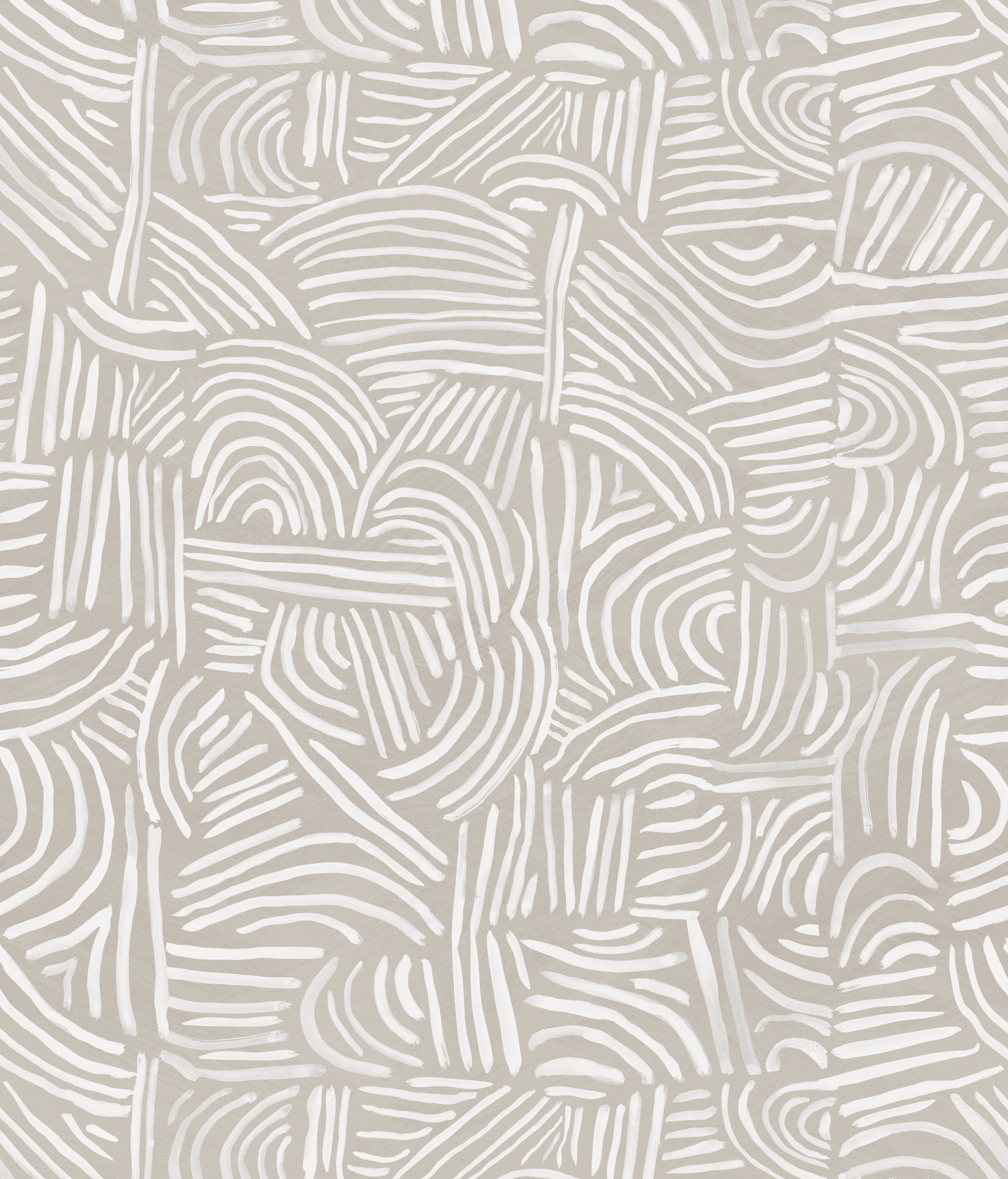 Detail of wallpaper in an abstract linear print in white on a cream field.