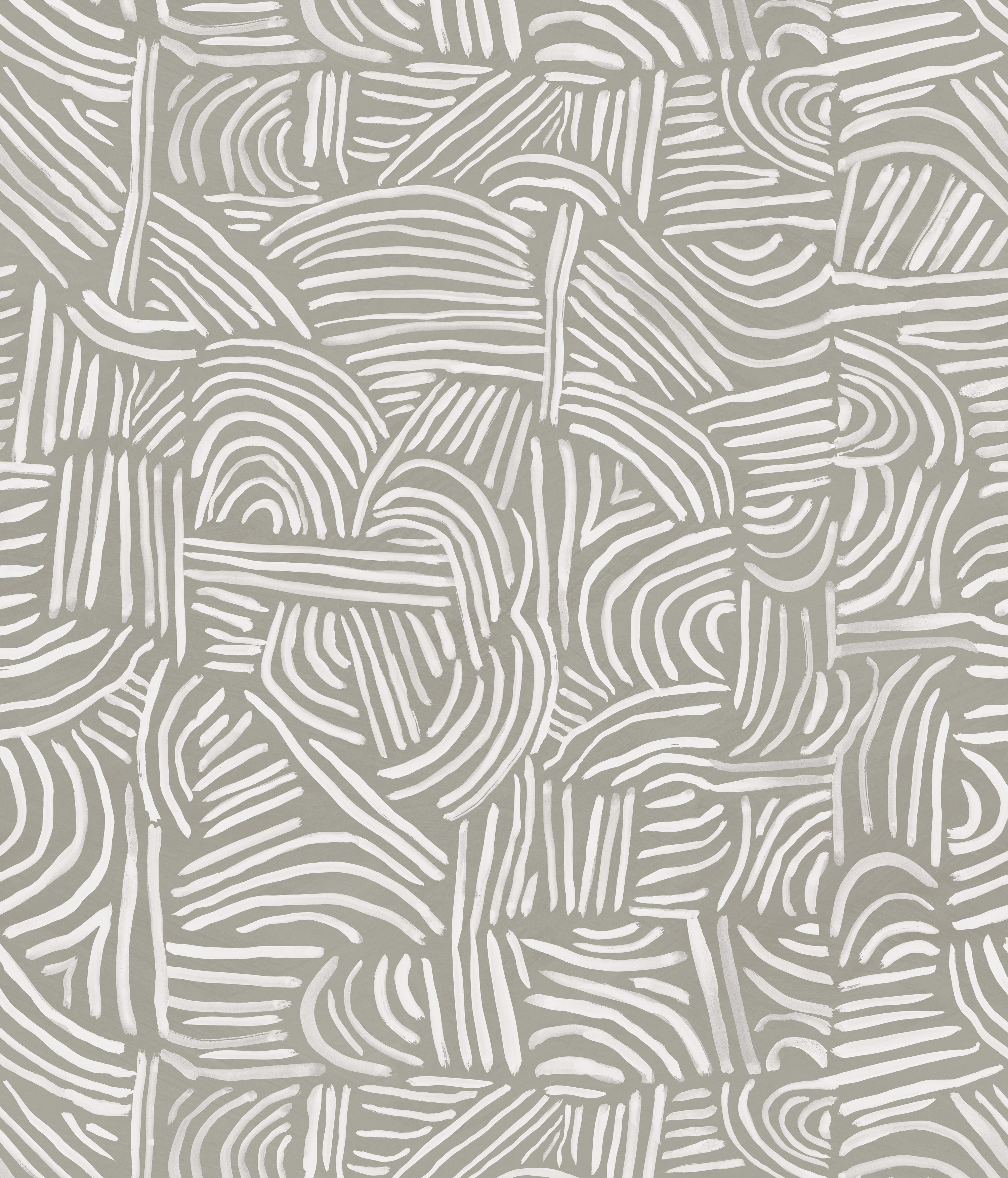 Detail of wallpaper in an abstract linear print in white on a sage field.