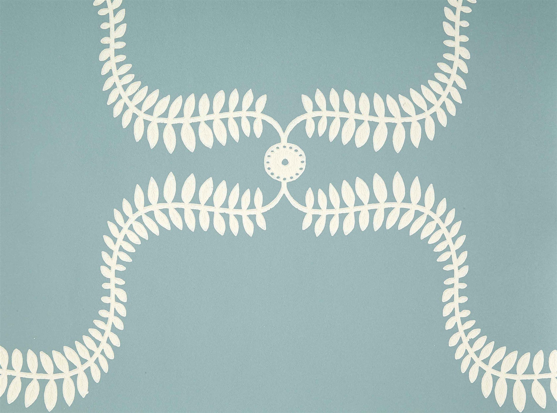 Detail of wallpaper in a leafy lattice print in cream on a light blue field.