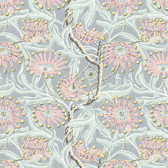 Wallpaper swatch with an intricate print of flowers, leaves and delicate branches, in pastel shades of blue-gray, sage and pink.