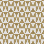 Detail of fabric in a curvilinear grid print in mustard on a white field.