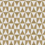 Detail of fabric in a curvilinear grid print in mustard on a white field.