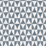 Detail of wallpaper in a curvilinear grid print in navy on a white field.