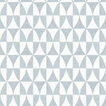 Detail of wallpaper in a curvilinear grid print in light blue on a white field.