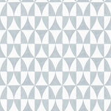 Detail of wallpaper in a curvilinear grid print in light blue on a white field.